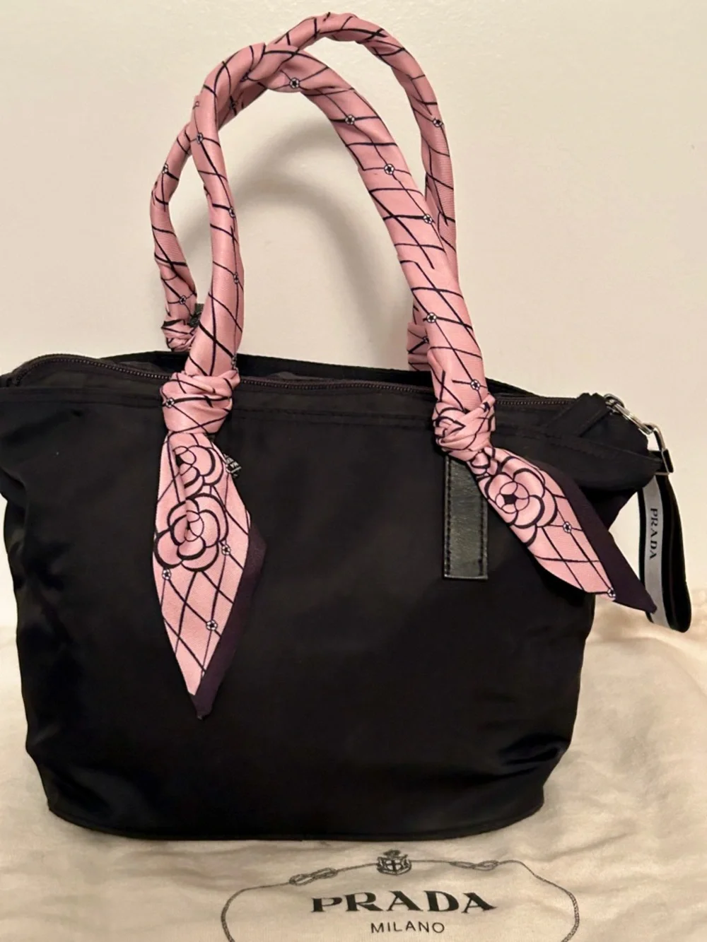 Prada Black Nylon Tote with Pink Scarf-Detail Handles - Picture 5 of 12